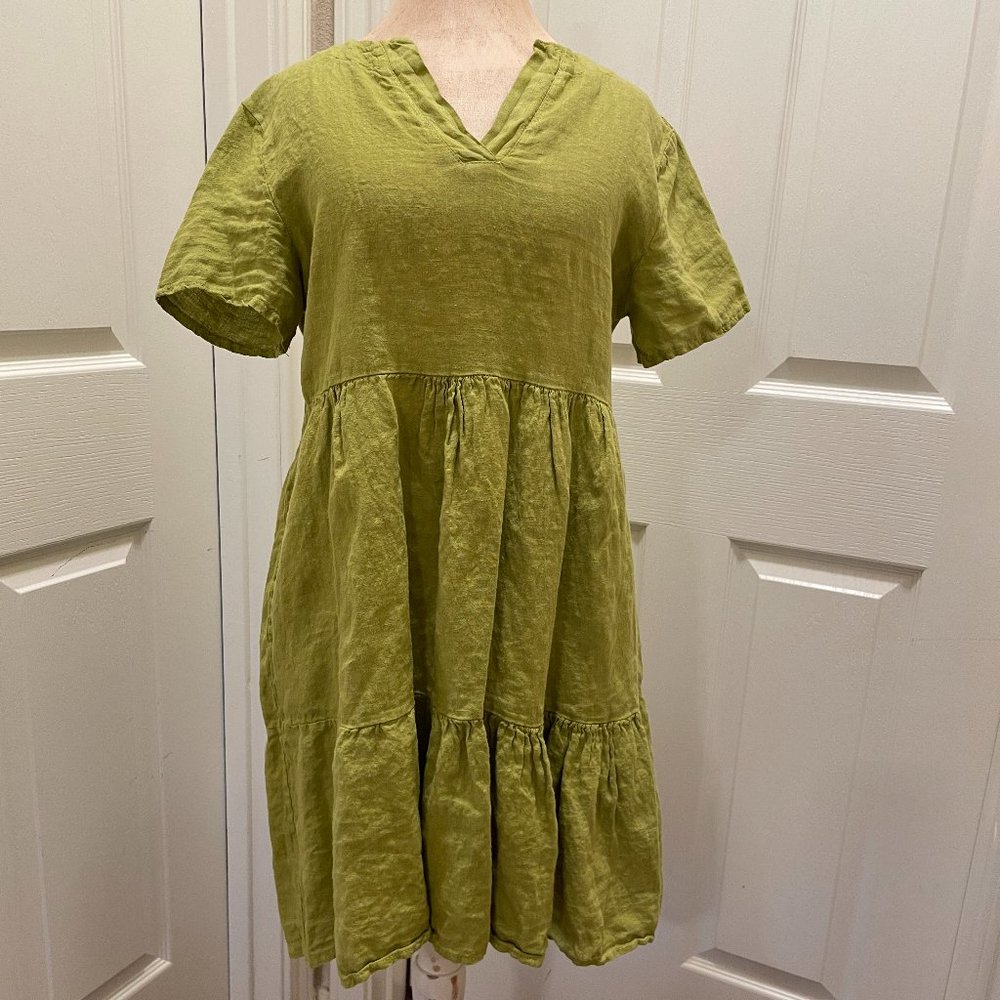 Francesca Bettini Women's 100% Linen Midi Dress Size L Green Tiered Design NEW